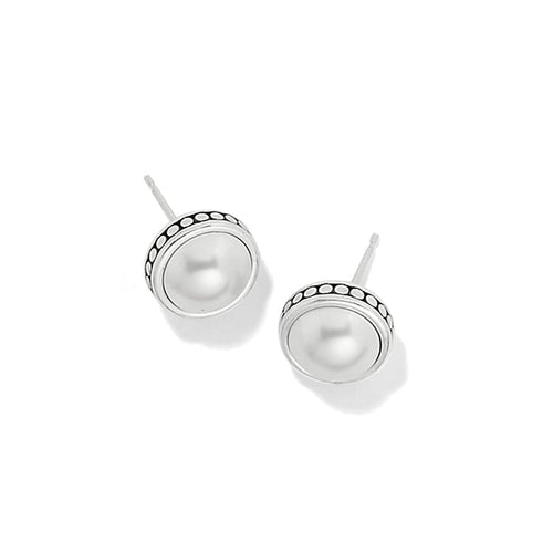 Brighton stud earrings with glass pearl cabochons and silver-plated beaded borders on a white background