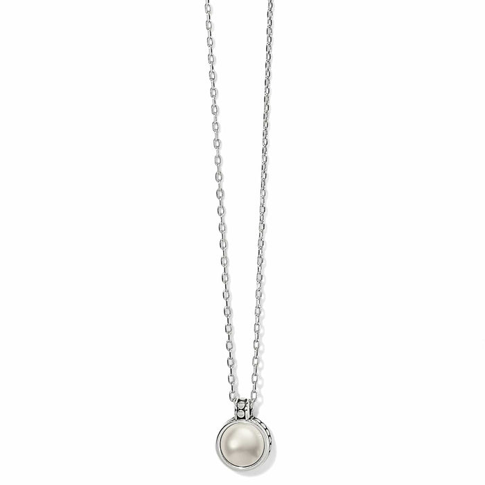 Brighton pendant necklace with fine glass pearl cabochon and silver-plated round setting on a white background