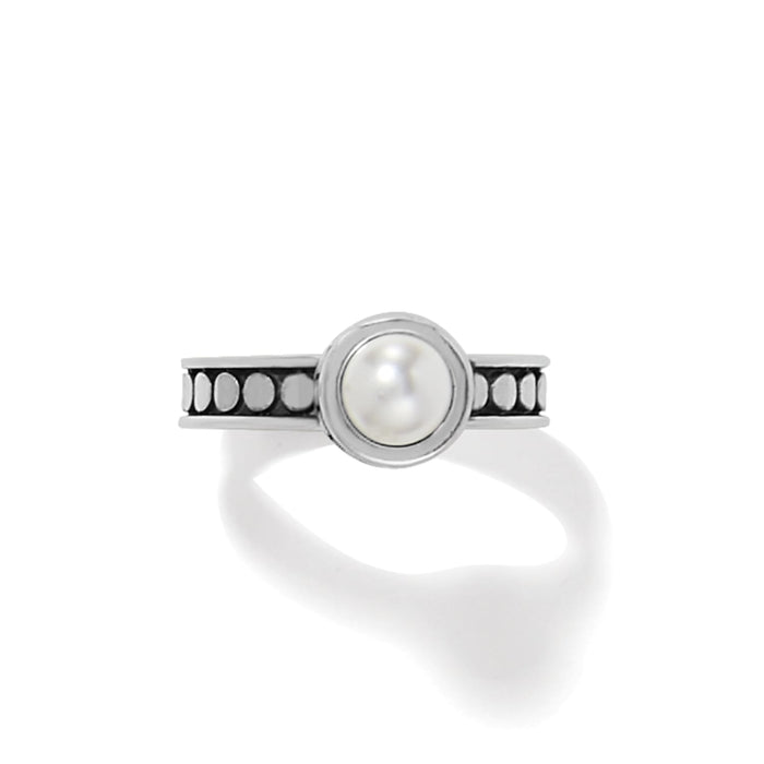 Brighton ring with fine glass pearl cabochon and silver-plated band featuring dotted detail on a white background