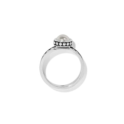 Brighton silver-plated ring with glass pearl cabochon and beaded bezel detail on a white background