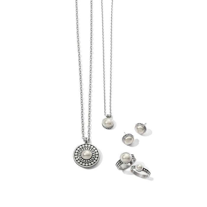 Brighton jewelry set styled with silver-plated pearl necklaces, matching stud earrings, and rings on a white background