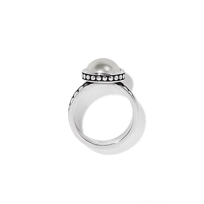Brighton silver-plated ring with glass pearl cabochon and beaded bezel detail on a white background