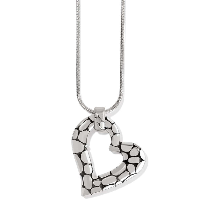 Brighton heart pendant necklace with silver-plated pebbled texture and snake chain on a white background