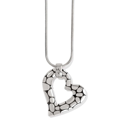 Brighton heart pendant necklace with silver-plated pebbled texture and snake chain on a white background