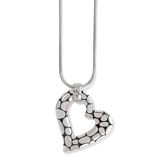 Brighton heart pendant necklace with silver-plated pebbled texture and snake chain on a white background