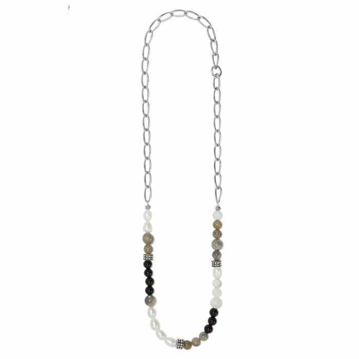 Brighton beaded necklace with pearls, black and gray stones, and silver-plated chain and accents on a white background