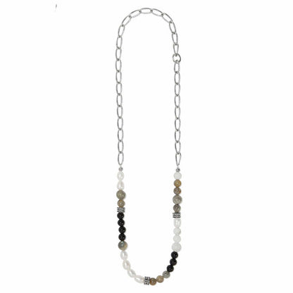 Brighton beaded necklace with pearls, black and gray stones, and silver-plated chain and accents on a white background