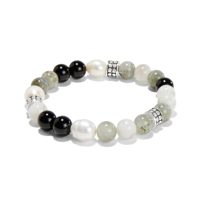 Brighton beaded stretch bracelet with black, white pearl, and gray stones and silver-plated accent beads on a white background