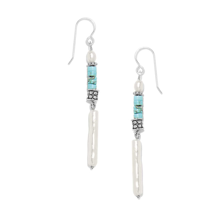 Brighton drop earrings with barque pearl, green blue turquoise magnesite beads, and silver-plated accents on a white background