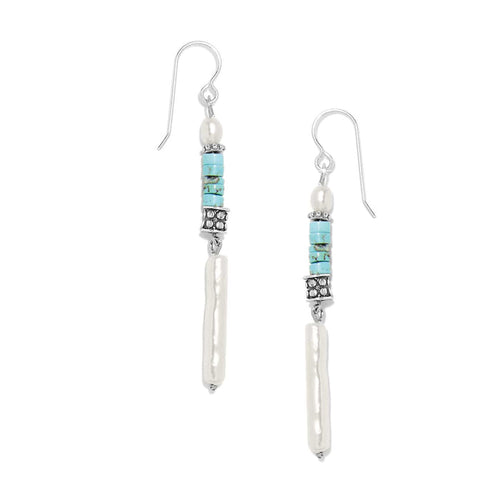 Brighton drop earrings with barque pearl, green blue turquoise magnesite beads, and silver-plated accents on a white background