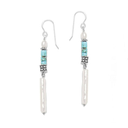 Brighton drop earrings with turquoise magnesite beads, barque pearl, and silver-plated accents on a white background
