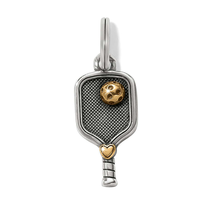 Brighton pickleball paddle charm with silver-tone finish, gold-tone ball and heart accent on a white background
