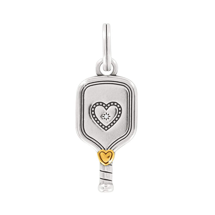 Brighton pickleball paddle charm with silver-tone finish, engraved heart detail, and gold-tone accent on a white background