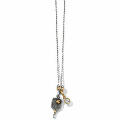 Brighton charm necklace with two-tone pickleball paddle pendant and crystal accent charm on a white background