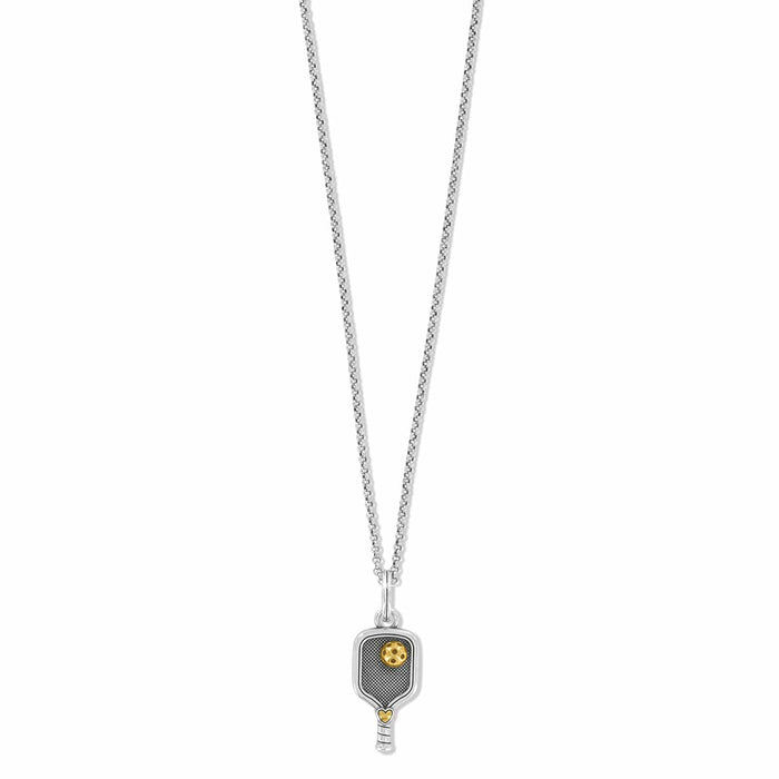 Brighton pendant necklace with silver-tone pickleball paddle charm and gold-tone ball accent on a white background
