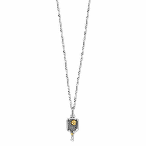 Brighton pendant necklace with silver-tone pickleball paddle charm and gold-tone ball accent on a white background