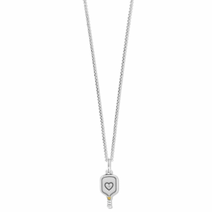 Brighton pendant necklace with pickleball paddle charm featuring heart design and two-tone finish on a white background
