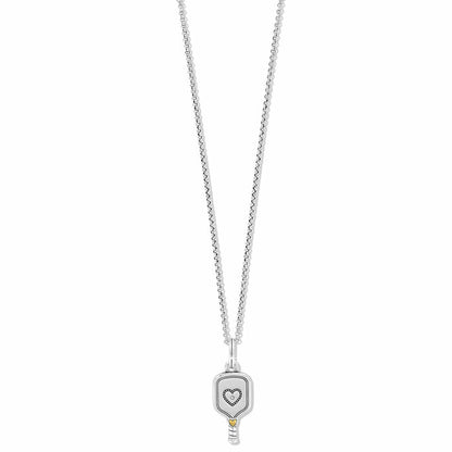 Brighton pendant necklace with pickleball paddle charm featuring heart design and two-tone finish on a white background
