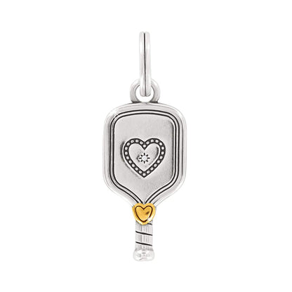 Brighton pickleball paddle charm with heart detail, crystal accent, and two-tone gold heart on a white background