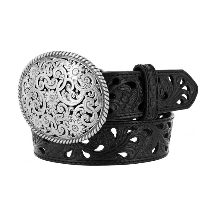 Brighton black leather belt with ornate oval silver-tone scrollwork buckle and filigree cutout detailing on a white background