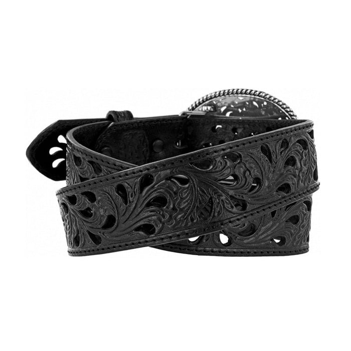 Brighton black leather belt with floral filigree cutout design and ornate buckle on a white background