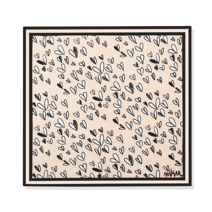 Brighton scarf with black and white hand-drawn heart print on a beige background, framed by black borders