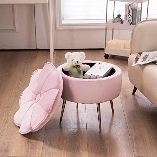 Pink Velvet Flower Storage Pouffe –  Footrest with Gold Legs – Elegant Home Decor & Organizer