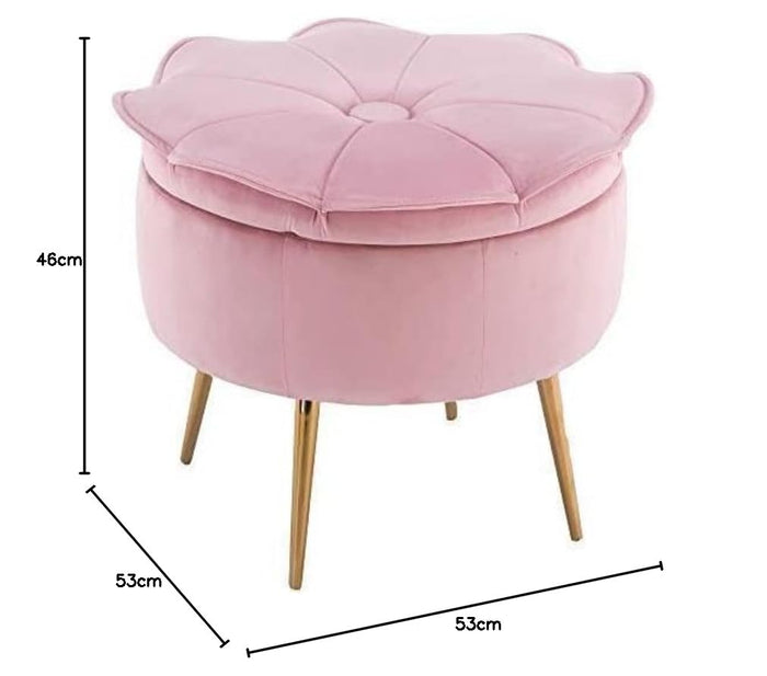 Pink Velvet Flower Storage Pouffe –  Footrest with Gold Legs – Elegant Home Decor & Organizer