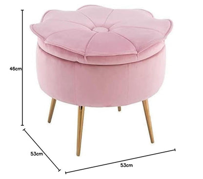 Pink Velvet Flower Storage Pouffe –  Footrest with Gold Legs – Elegant Home Decor & Organizer