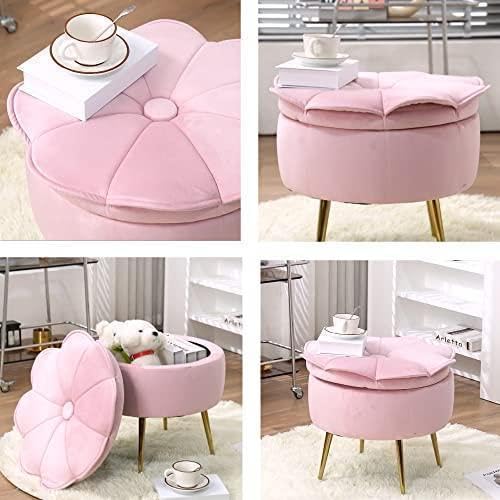 Pink Velvet Flower Storage Pouffe –  Footrest with Gold Legs – Elegant Home Decor & Organizer