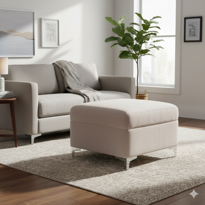 Plush Velvet Square Storage Ottoman Pouffe - Beige, Comfort Footrest & Extra Seating for Living Room