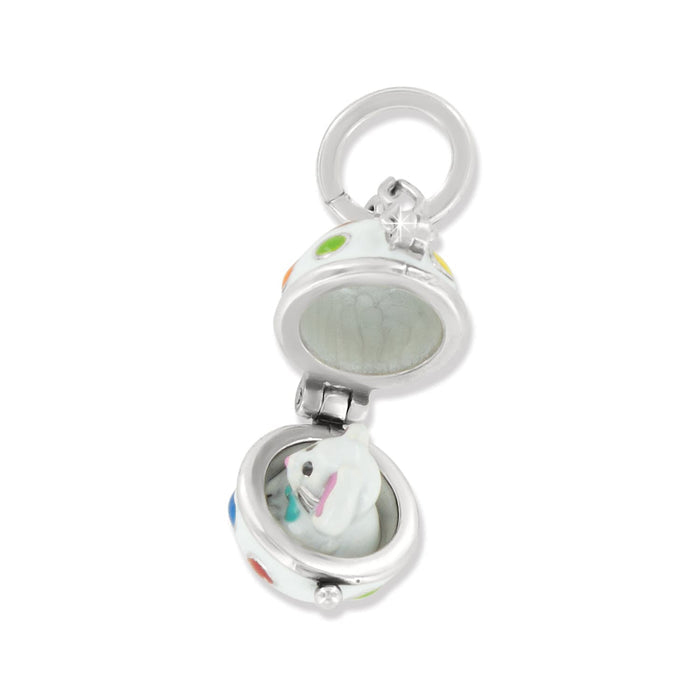 Brighton egg charm shown open with silver-plated finish, polka dot enamel exterior, and bunny inside on a white background