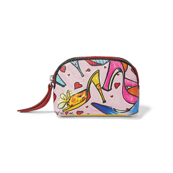 Brighton pouch with colorful illustrated high-heel shoes and hearts print, red leather tassel zipper pull on a white background