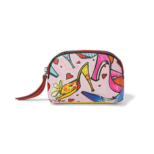 Brighton pouch with colorful illustrated high-heel shoes and hearts print, red leather tassel zipper pull on a white background