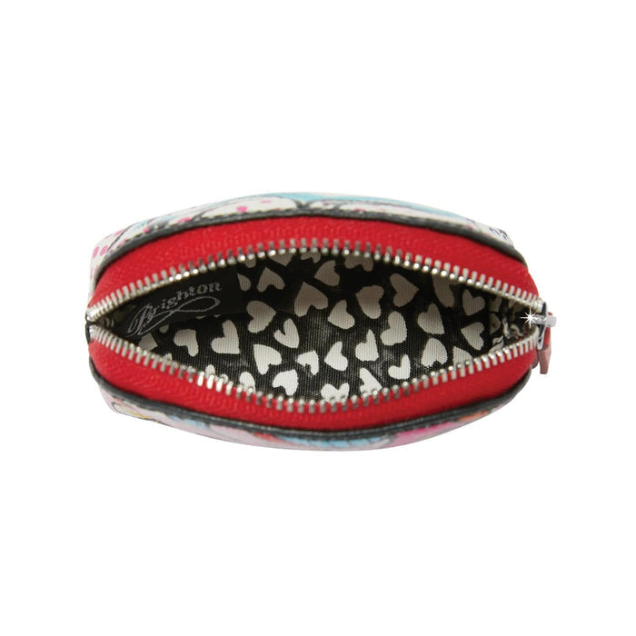 Brighton coin pouch shown open with red zipper and black heart-print interior lining on a white background