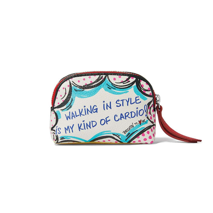 Brighton pouch with comic-style print, pink polka dots, blue script slogan, and red wristlet strap on a white background