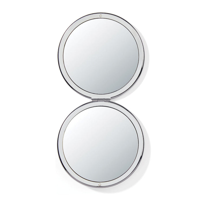 Brighton compact mirror shown open with two round silver-tone mirrored panels and polished metal frame on a white background