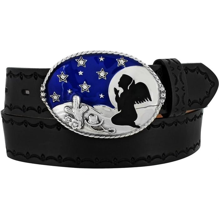 Brighton black leather belt with oval buckle featuring praying angel silhouette, stars, and cactus design on a white background