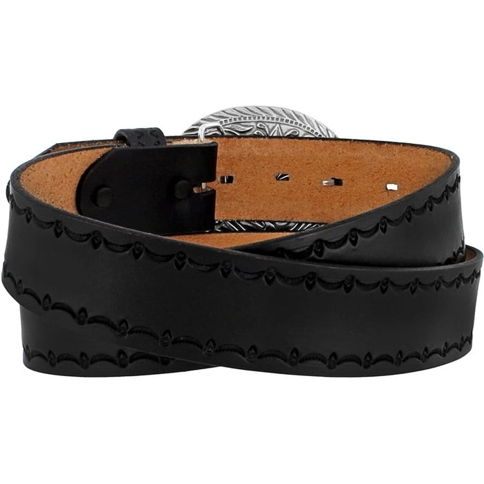 Brighton black leather belt with scalloped tooled edges and engraved silver-tone round buckle on a white background