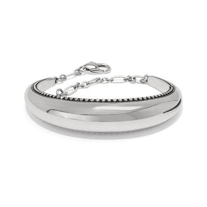 Brighton bangle bracelet with silver-plated domed finish, beaded trim, and adjustable chain clasp on a white background
