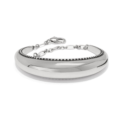 Brighton bangle bracelet with silver-plated domed finish, beaded trim, and adjustable chain clasp on a white background