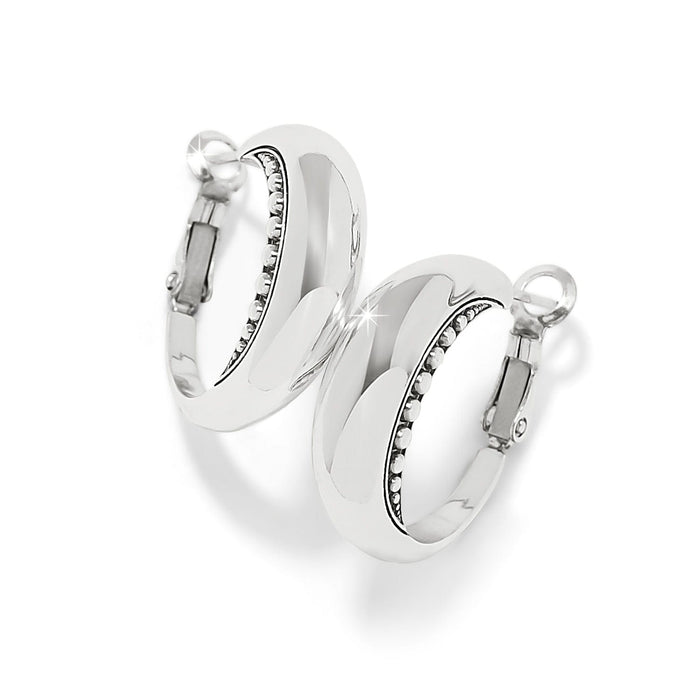 Brighton hoop earrings with silver-plated finish, polished bands, and beaded inner edge detailing on a white background