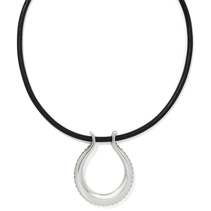 Brighton pendant necklace with black leather cord and silver-plated horseshoe pendant with beaded edge on a white background