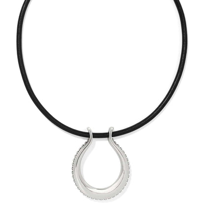 Brighton pendant necklace with black leather cord and silver-plated horseshoe pendant with beaded edge on a white background