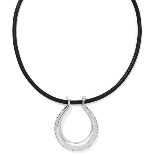 Brighton pendant necklace with black leather cord and silver-plated horseshoe pendant with beaded edge on a white background