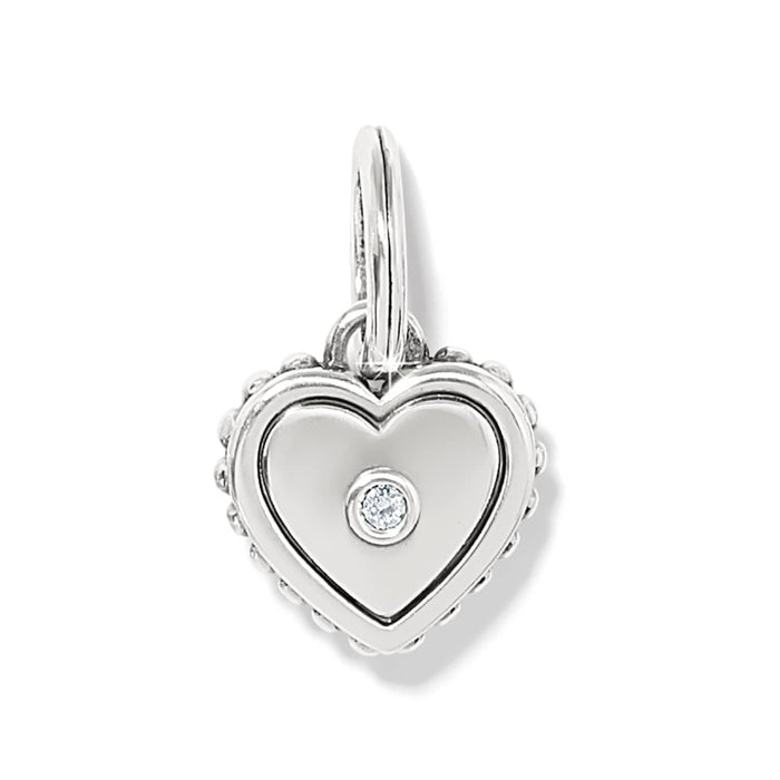 Brighton heart charm with silver-plated beaded border and single crystal accent at the center on a white background