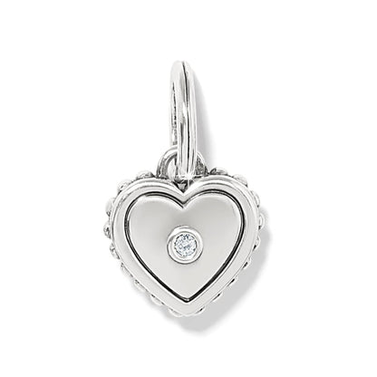 Brighton heart charm with silver-plated beaded border and single crystal accent at the center on a white background