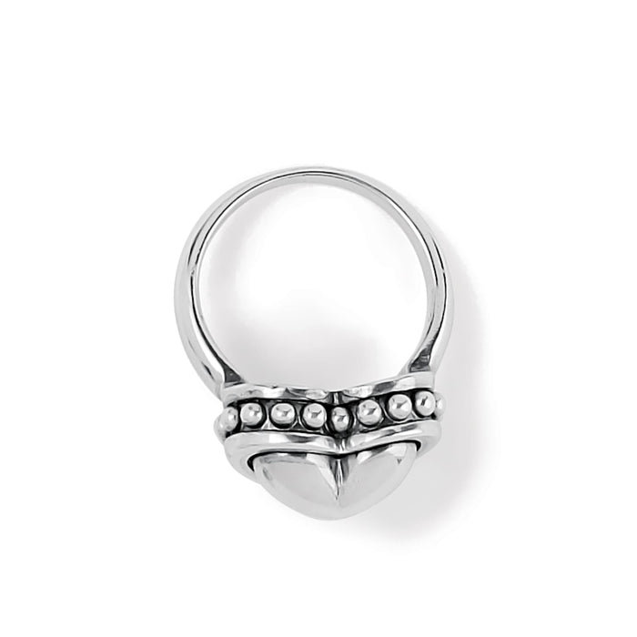 Brighton silver-plated ring shown from the side with beaded band detail and heart accent on a white background