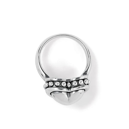 Brighton silver-plated ring shown from the side with beaded band detail and heart accent on a white background
