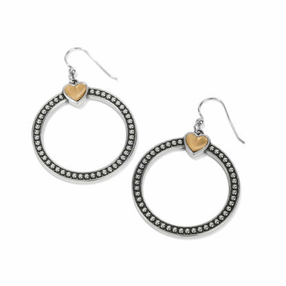Brighton hoop earrings with two-tone beaded silver rings and gold heart accents on a white background